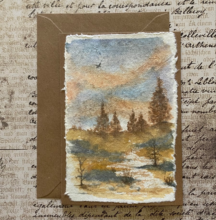Hand-Painted Landscape Greeting Card – Tranquil Woodland Path at Dusk 