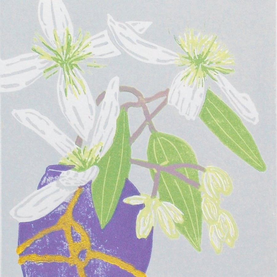 Clematis in Kintsugi Vase - Limited edition Linocut Print