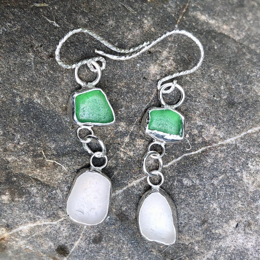 Bright Green & White Sea Glass Sterling Silver Double Drop Earrings - 1179