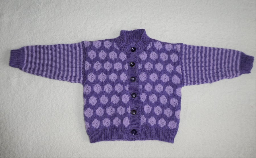 Purple Spot Toddler Cardigan in 4ply Yarn. Size 1 - 2 years