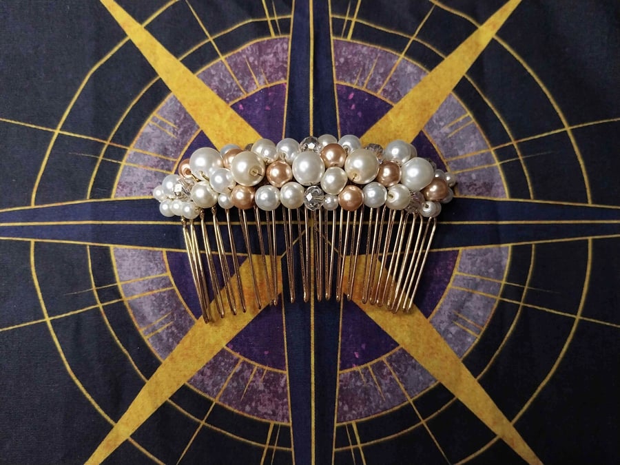 Ivory and gold glass pearl hair comb 