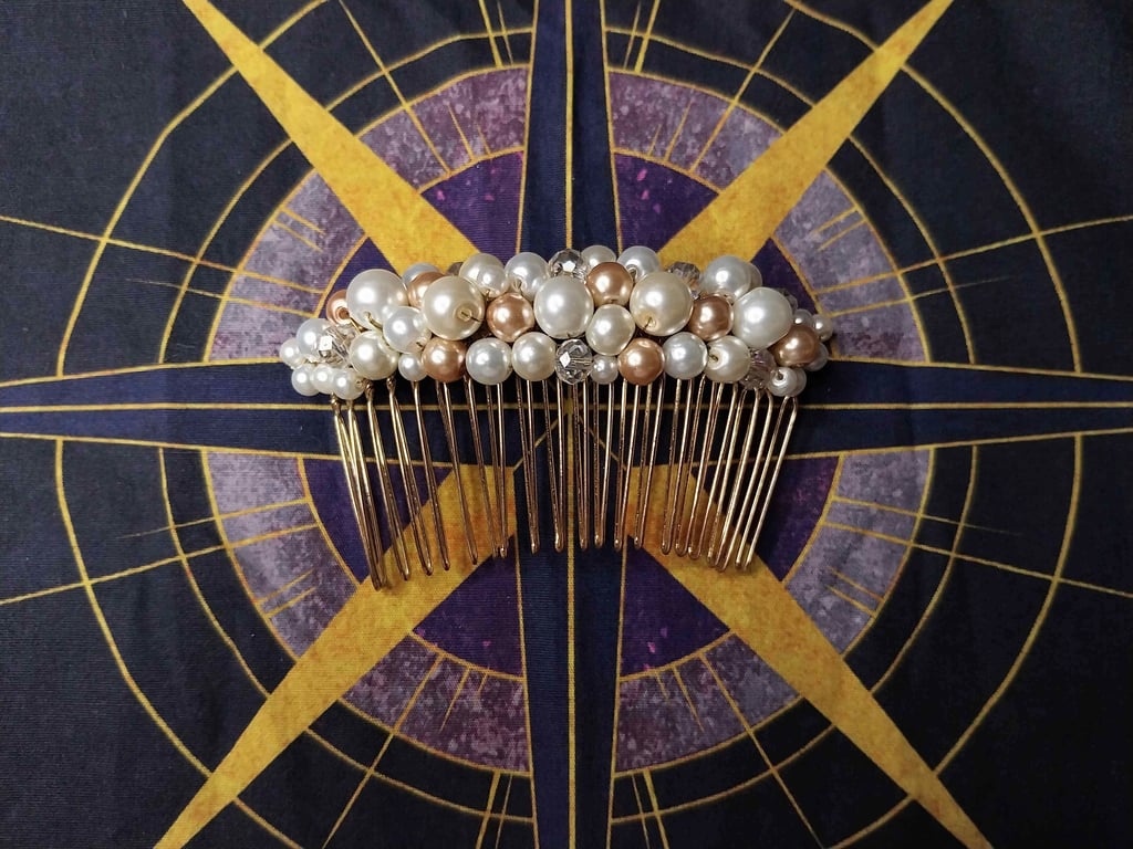 Ivory and gold glass pearl hair comb 