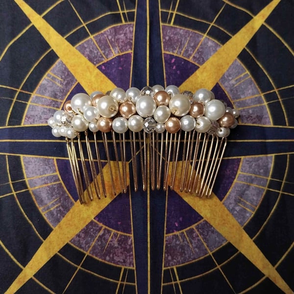 Ivory and gold glass pearl hair comb 
