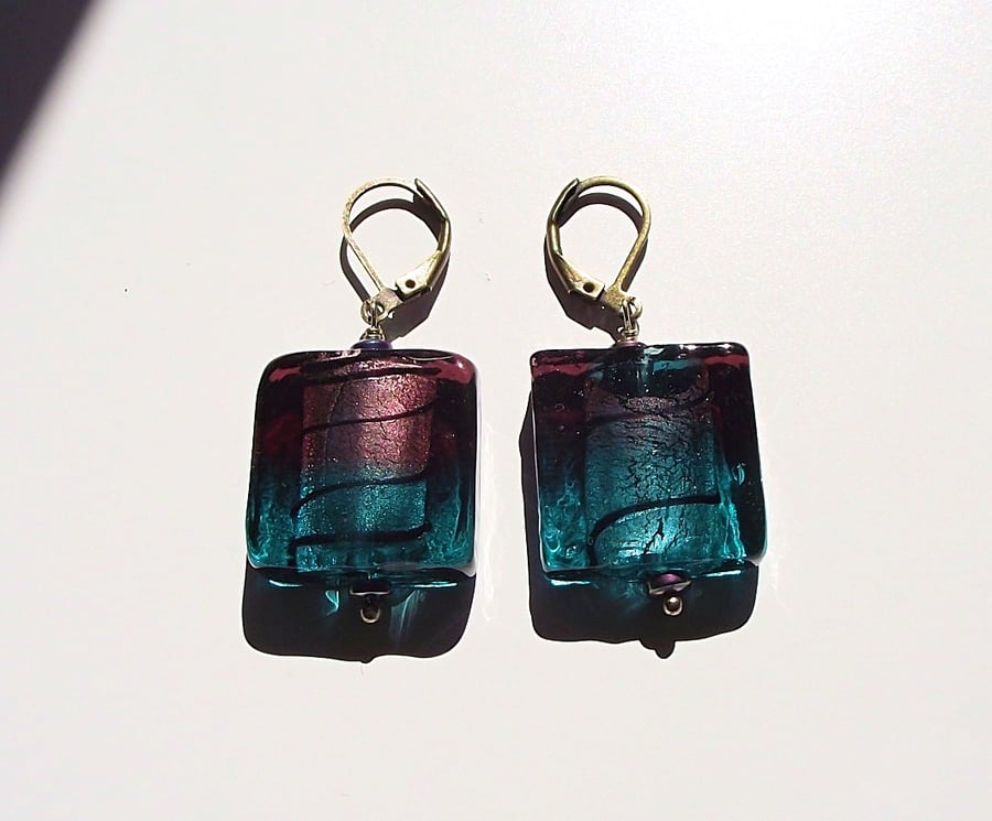 Earrings teal purple glass foil large square