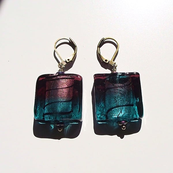 Earrings teal purple glass foil large square