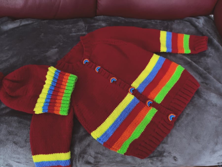 Rainbow cardigan and hat set
