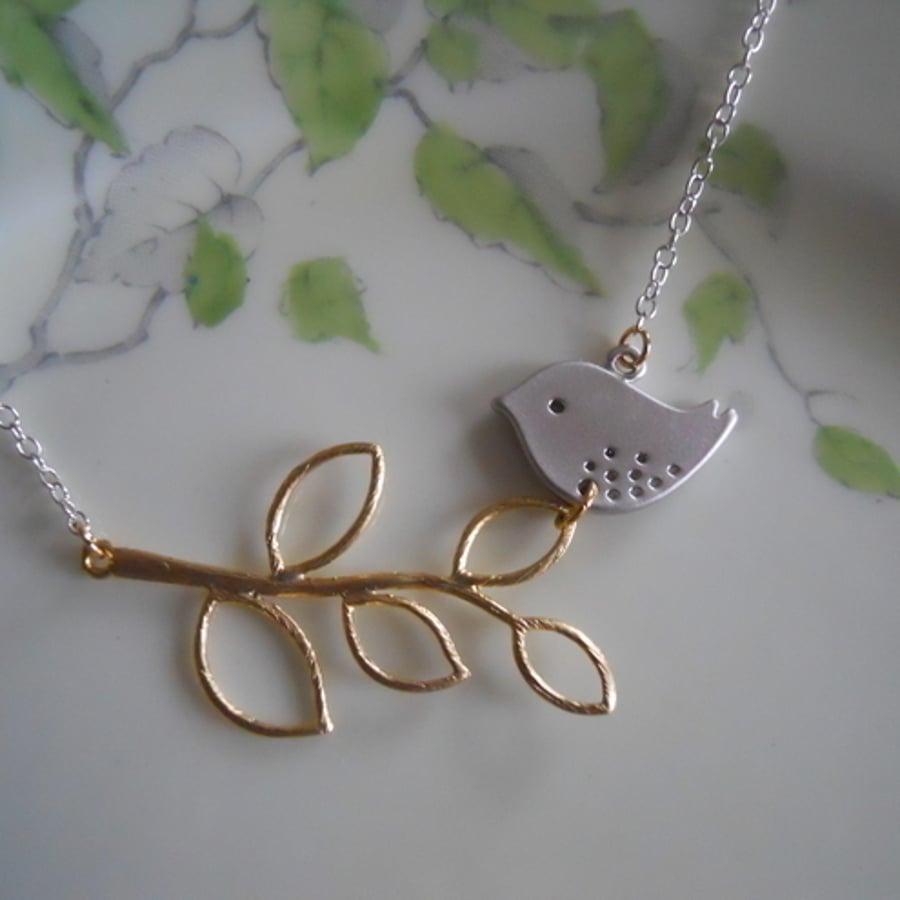  Gold and silver leaf and birdie necklace