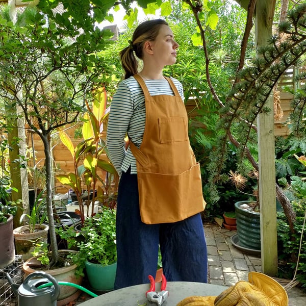 Gardening Apron with Harvest Pouch and Cross Back Straps. Golden Ochre Canvas
