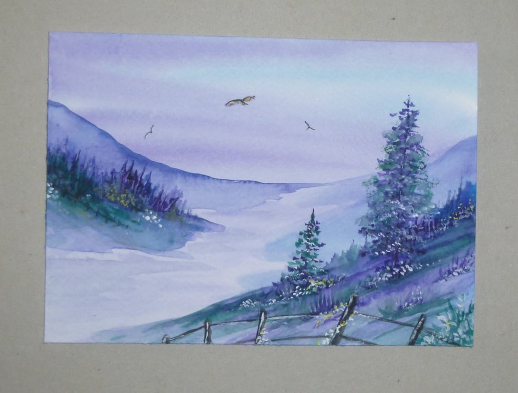 original art watercolour landscape purple fantasy painting ( ref FA418 E3 )