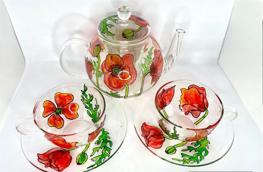 Hand Painted Teapot Tea Infuser Glass with Optional Cup and Saucer. Poppy Teapot