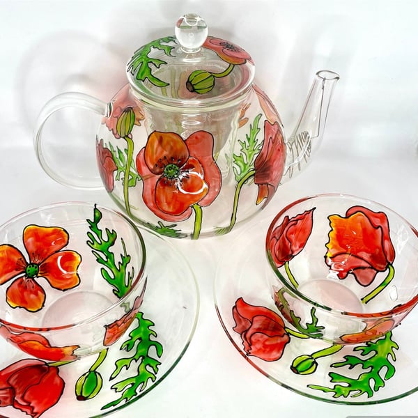 Hand Painted Teapot Tea Infuser Glass with Optional Cup and Saucer. Poppy Teapot