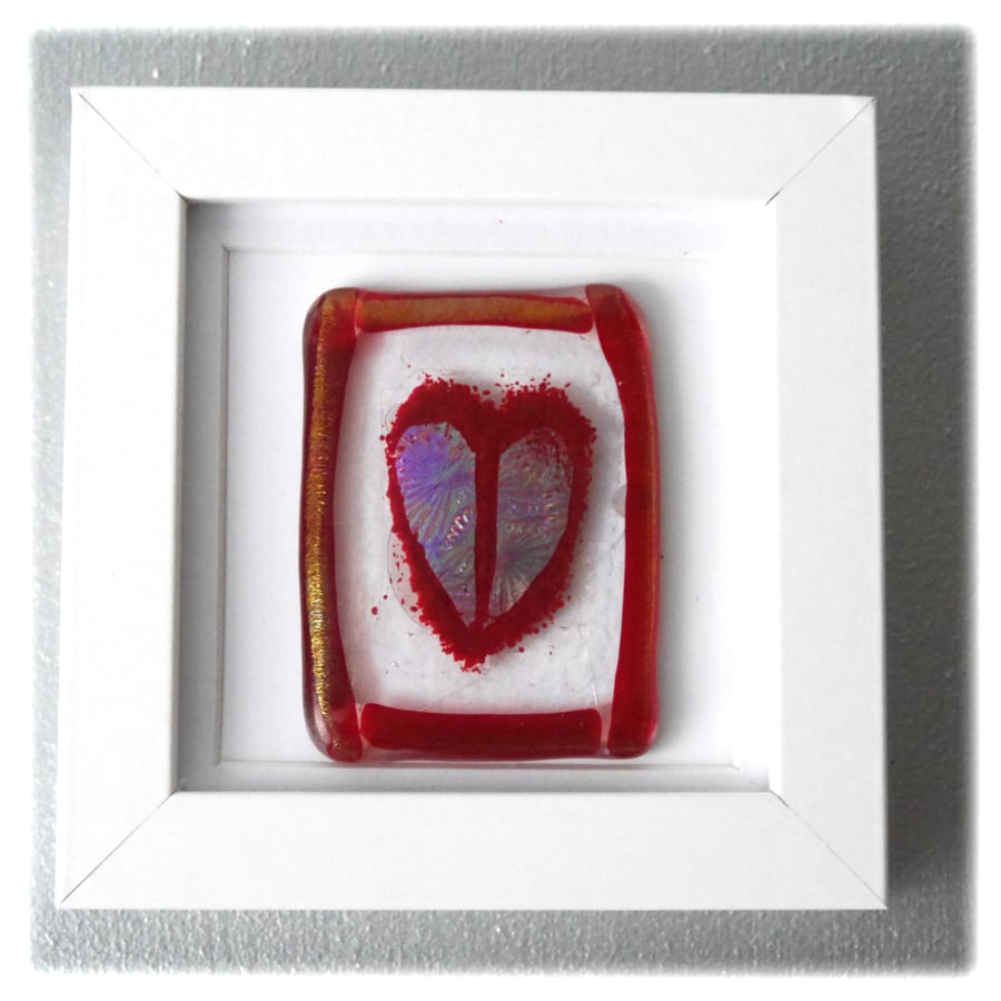  Fused Glass Heart Dichroic Picture Box framed Red 002
