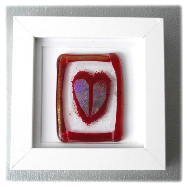  Fused Glass Heart Dichroic Picture Box framed Red 002