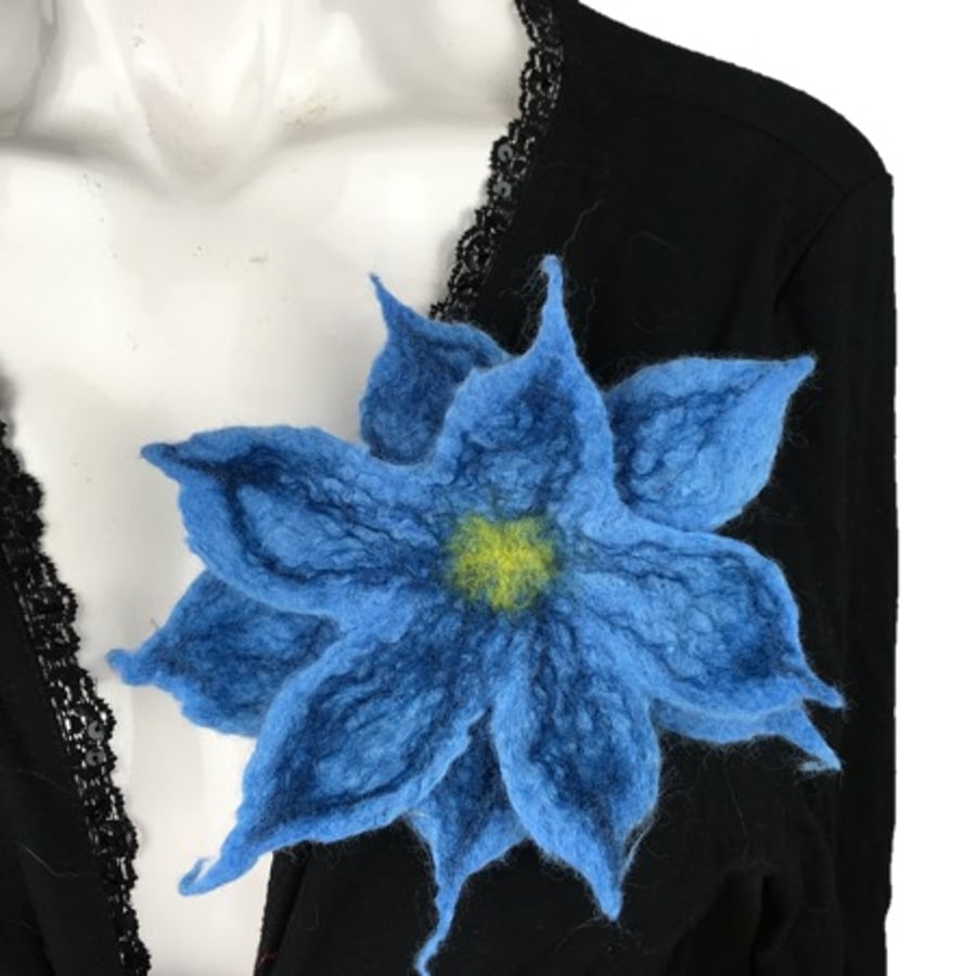 Pale blue wet felted flower corsage, brooch, lapel pin, scarf pin