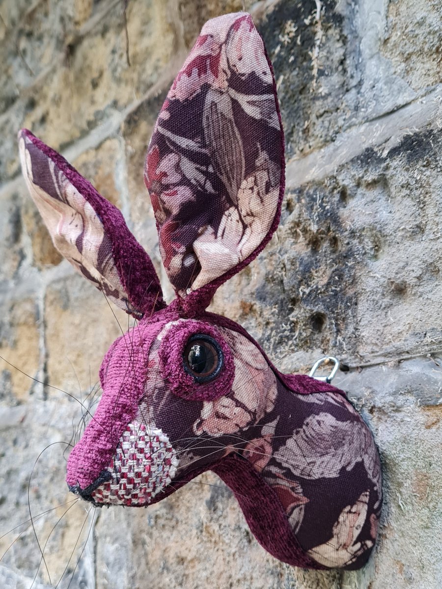 Faux hare head wall mount in aubergine and white Sanderson  fabric