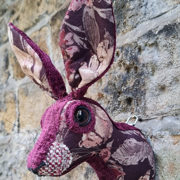 Faux hare head wall mount in aubergine and white Sanderson  fabric