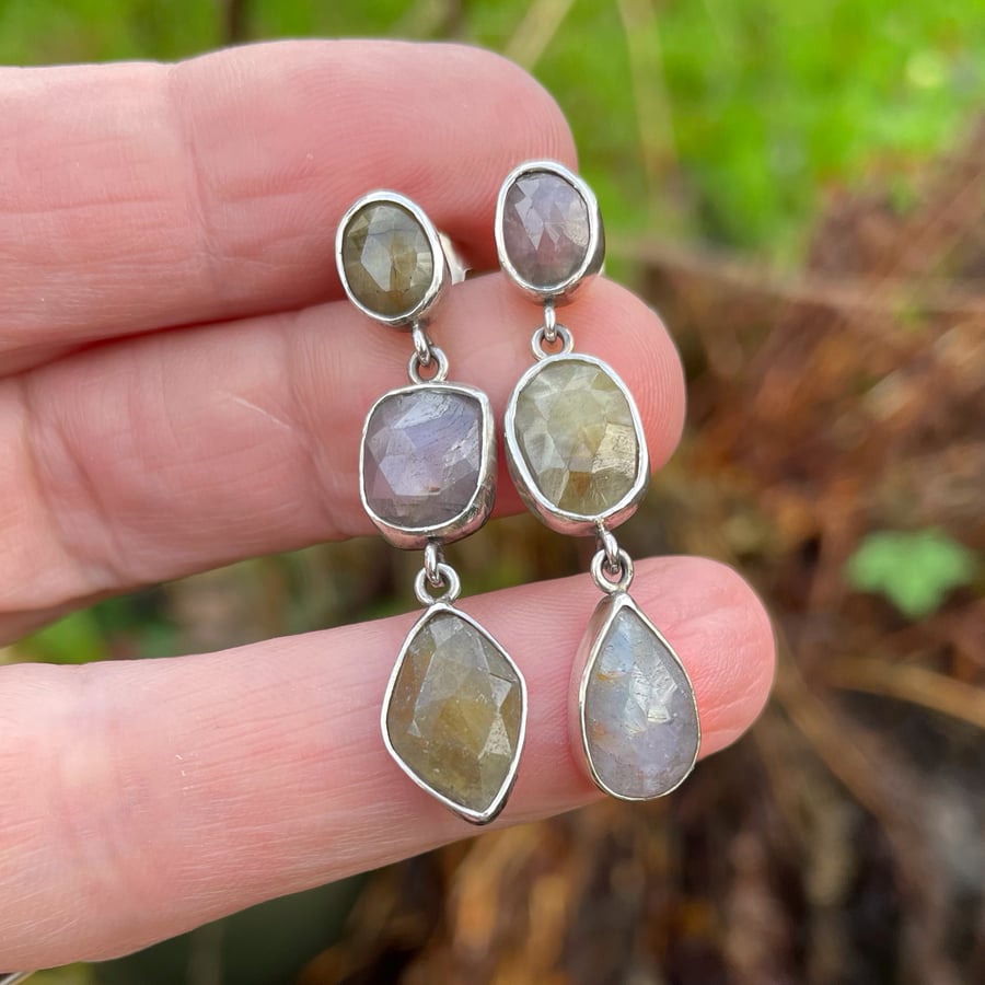 Sapphire and silver long dangly mismatched stud earrings