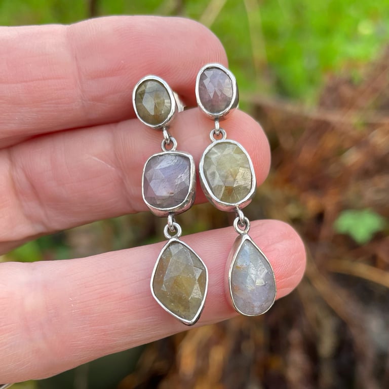 Sapphire and silver long dangly mismatched stud earrings