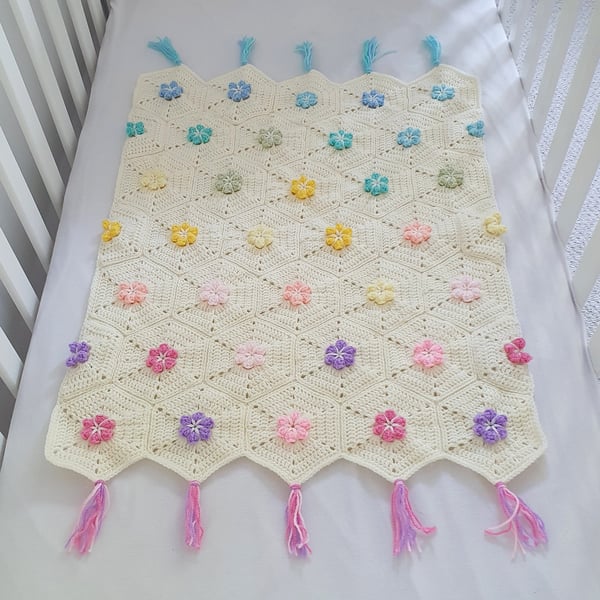 Pastel Rainbow Flower Crochet Baby Blanket