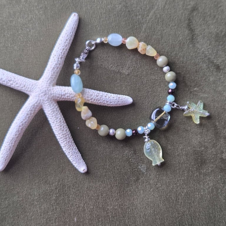 Handmade Ocean Beaded Charm Bracelet with Starfish & Fish Charms 