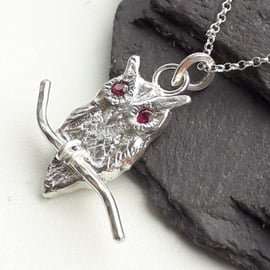 Owl Necklace with Ruby Eyes , Sterling Silver Hallmarked Handmade Gem Owl
