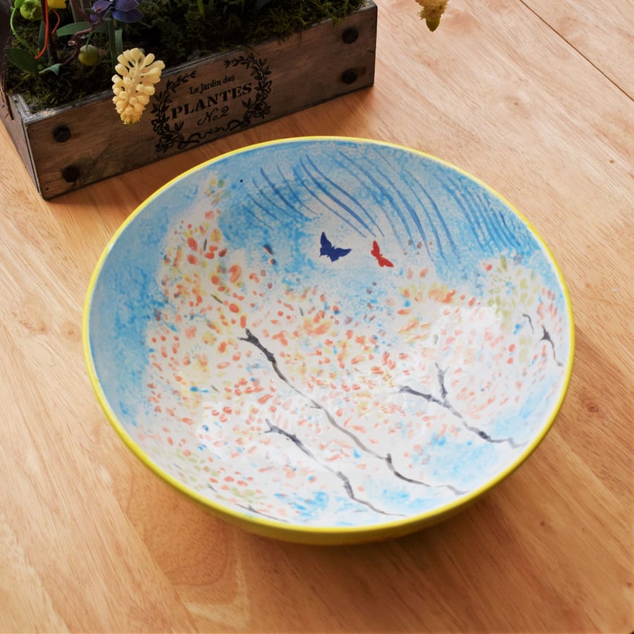 Hand painted pottery bowl with Butterflies