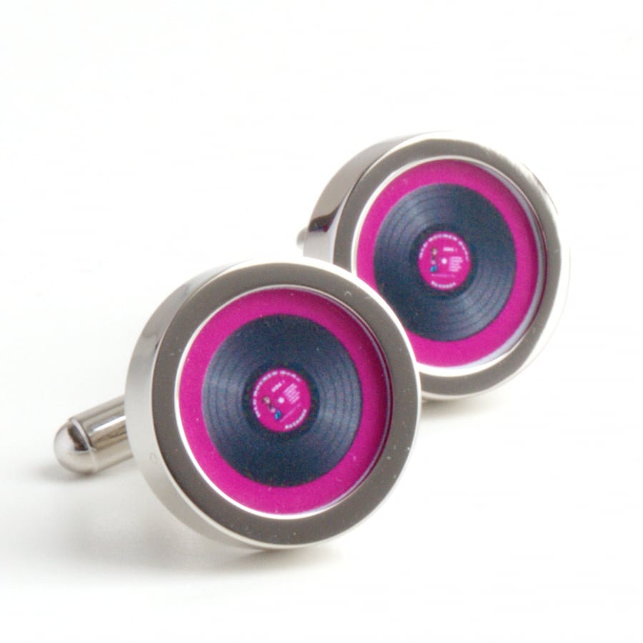 Vinyl DJ Cufflinks in Pink, Spin the Record Right Round Baby Cufflinks