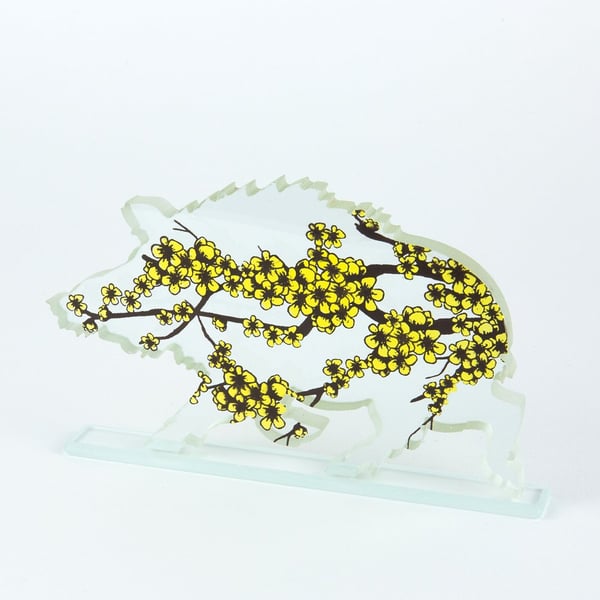 Wild Boar Glass Sculpture with Cherry Blossom Artwork