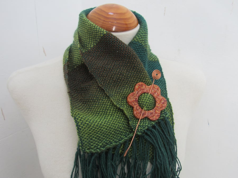Green Brown Ombre Handwoven Scrap Scarflette, Cowl