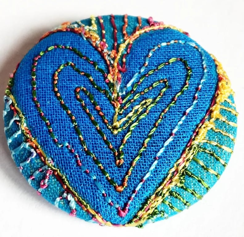 One Inch Button Heart Fabric Button with Free Machine Embroidery 