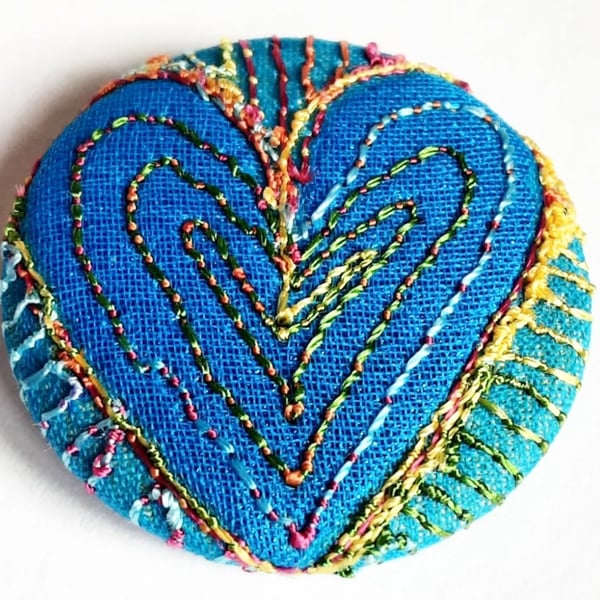 One Inch Button Heart Fabric Button with Free Machine Embroidery 