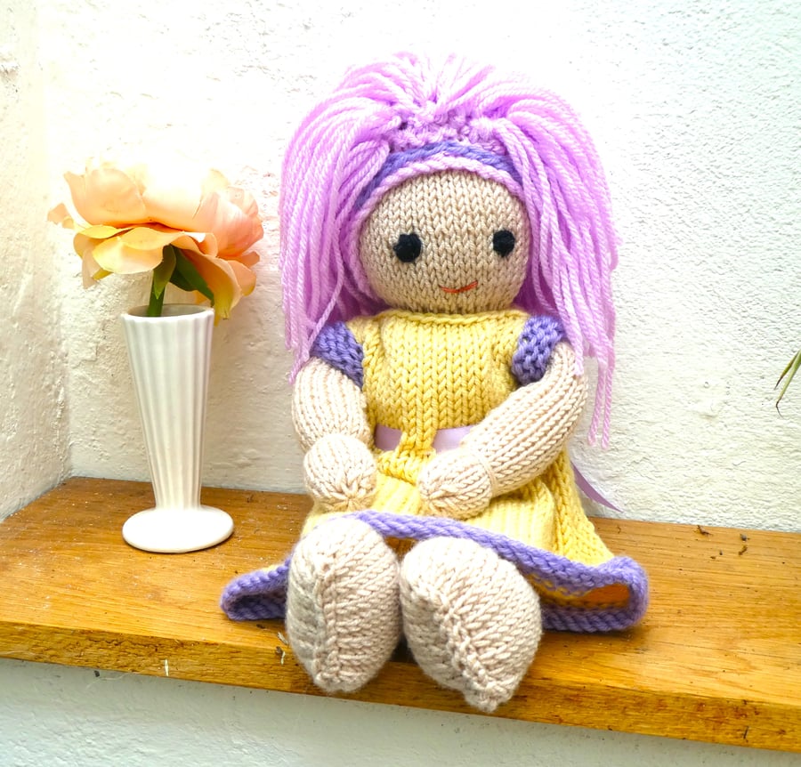 Handmade Doll. Hand Knitted Doll 12" Wool Doll with Pink Hair & Removable Dress