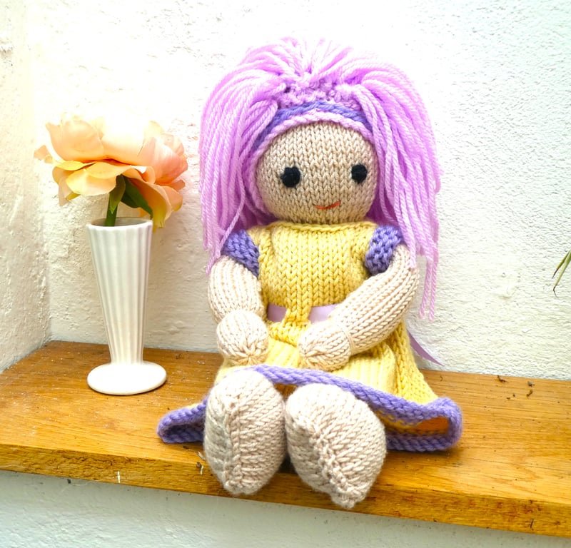 Handmade Doll. Hand Knitted Doll 12" Wool Doll with Pink Hair & Removable Dress