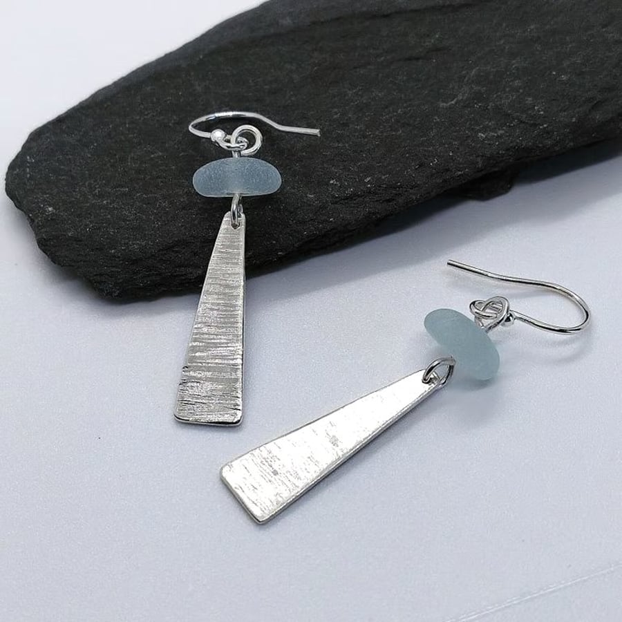 Seaglass sterling silver elongated triangle earrings