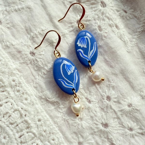Blue Bell Flower Earrings with Pearl Drop – Hand Painted Botanical Jewelry