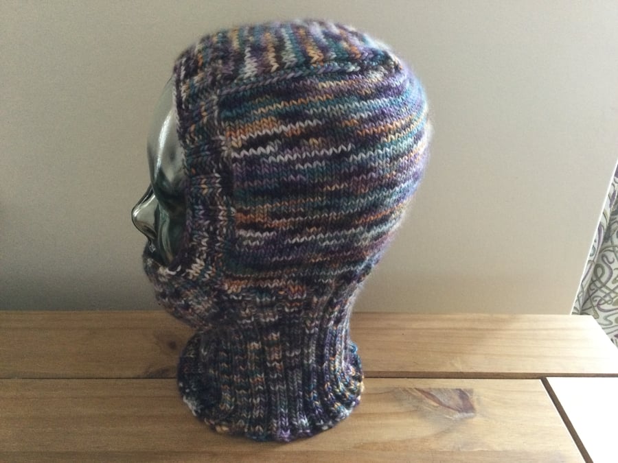 A woman’s lovely hand knitted multicoloured  merino wool balaclava, new.