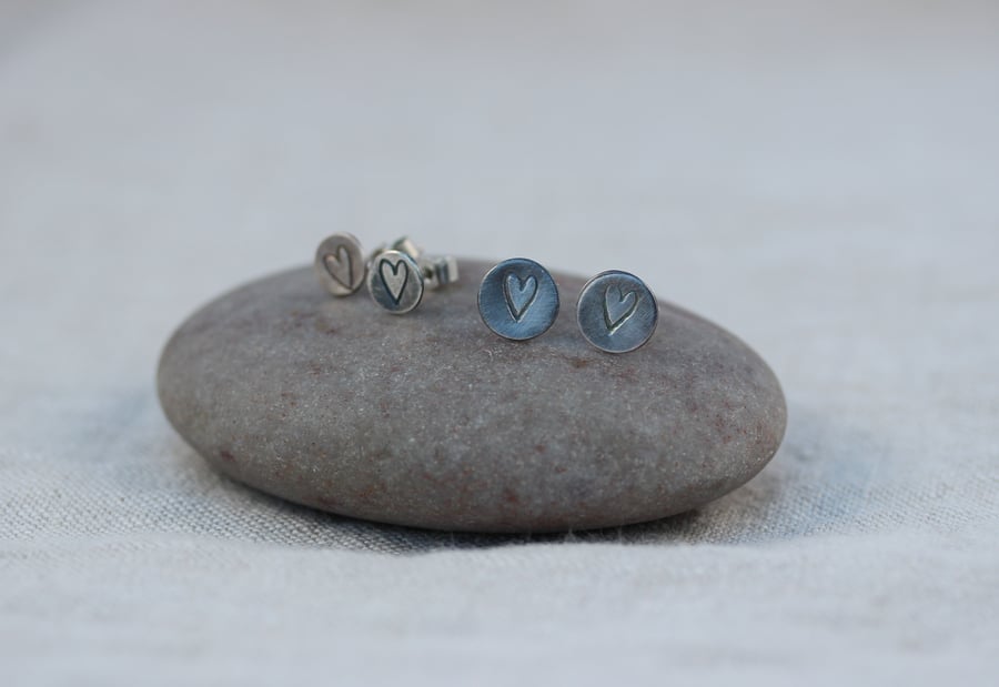 Recycled Sterling Silver Rustic Folk Heart Stud Earrings