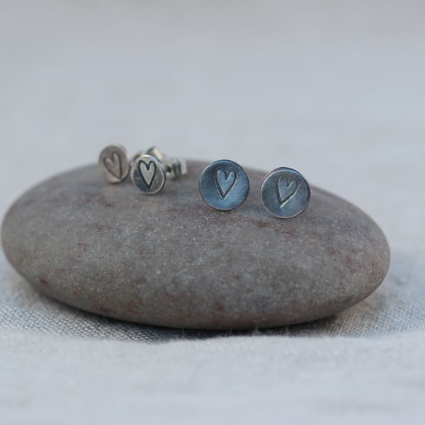 Recycled Sterling Silver Rustic Folk Heart Stud Earrings