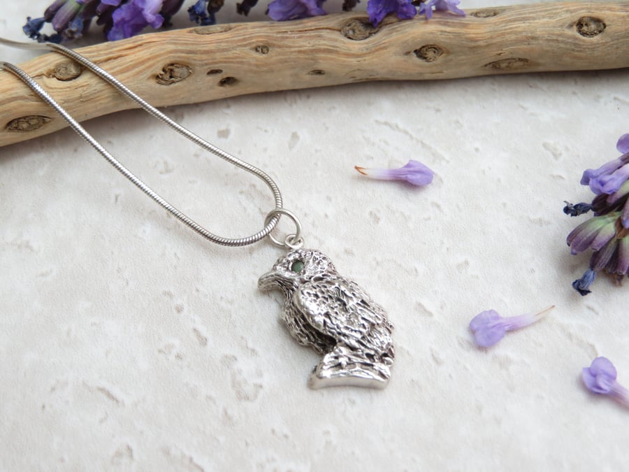 Fine Silver Robin Necklace with Emerald Gemstone