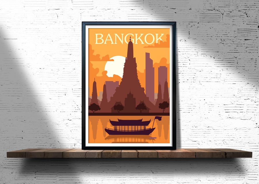 Bangkok retro travel poster, Bangkok print, Thailand travel poster