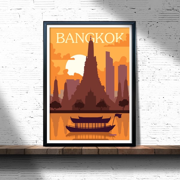 Bangkok retro travel poster, Bangkok print, Thailand travel poster