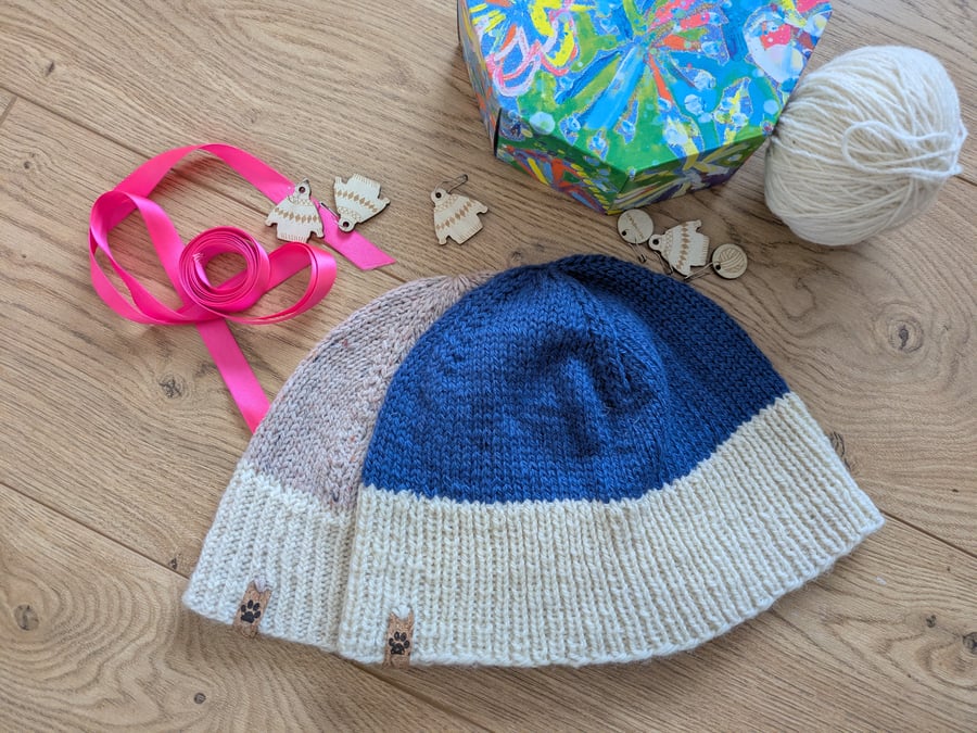 Handknit pure British wool blue and cream beanie hat