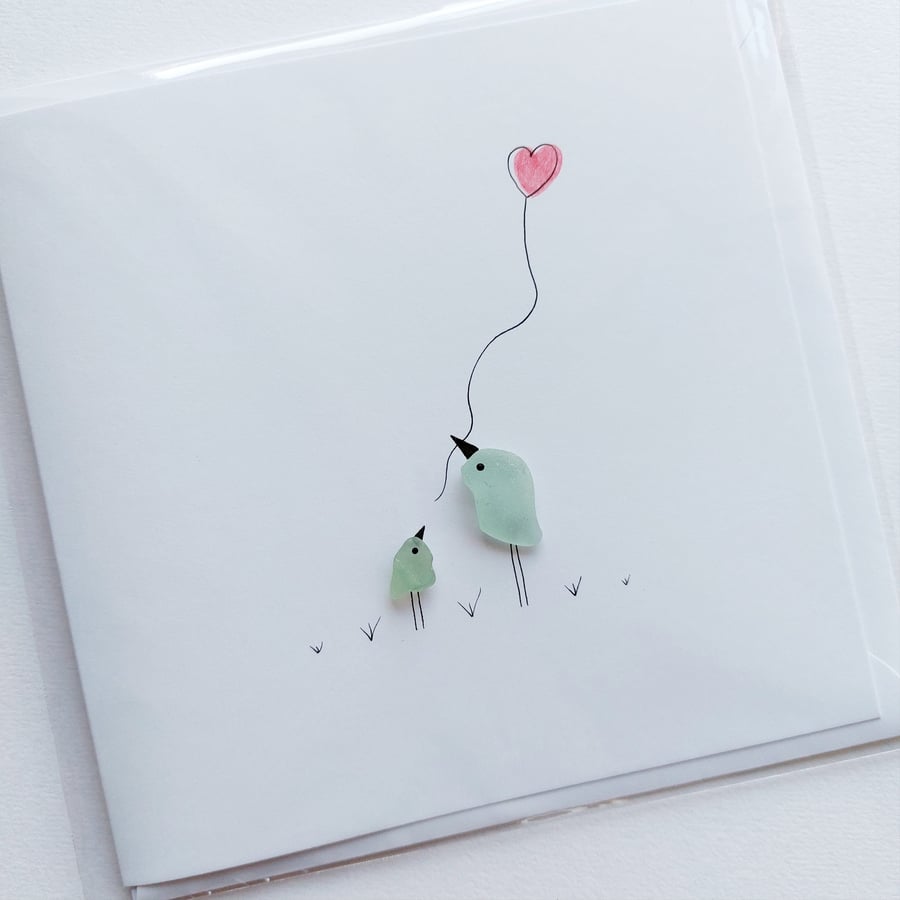 Sea Glass Art Greetings Card - Baby Bird Heart - New Baby, Christening Card