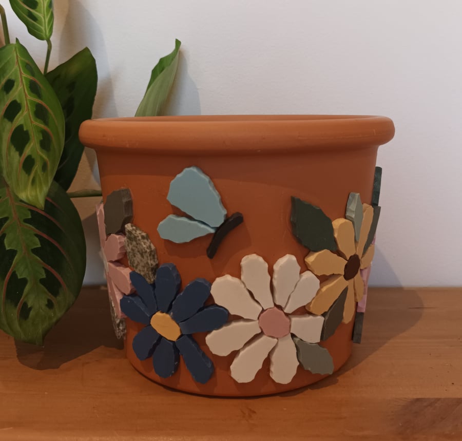 Daisy flower butterfly mosaic terracotta plant pot holder cover