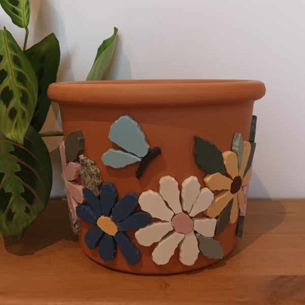 Daisy flower butterfly mosaic terracotta plant pot holder cover
