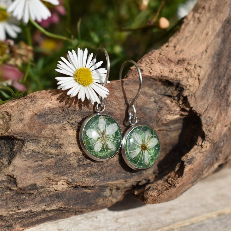 Blackthorn Flower Resin Earrings, 304 Stainless Steel, Made in Scotland