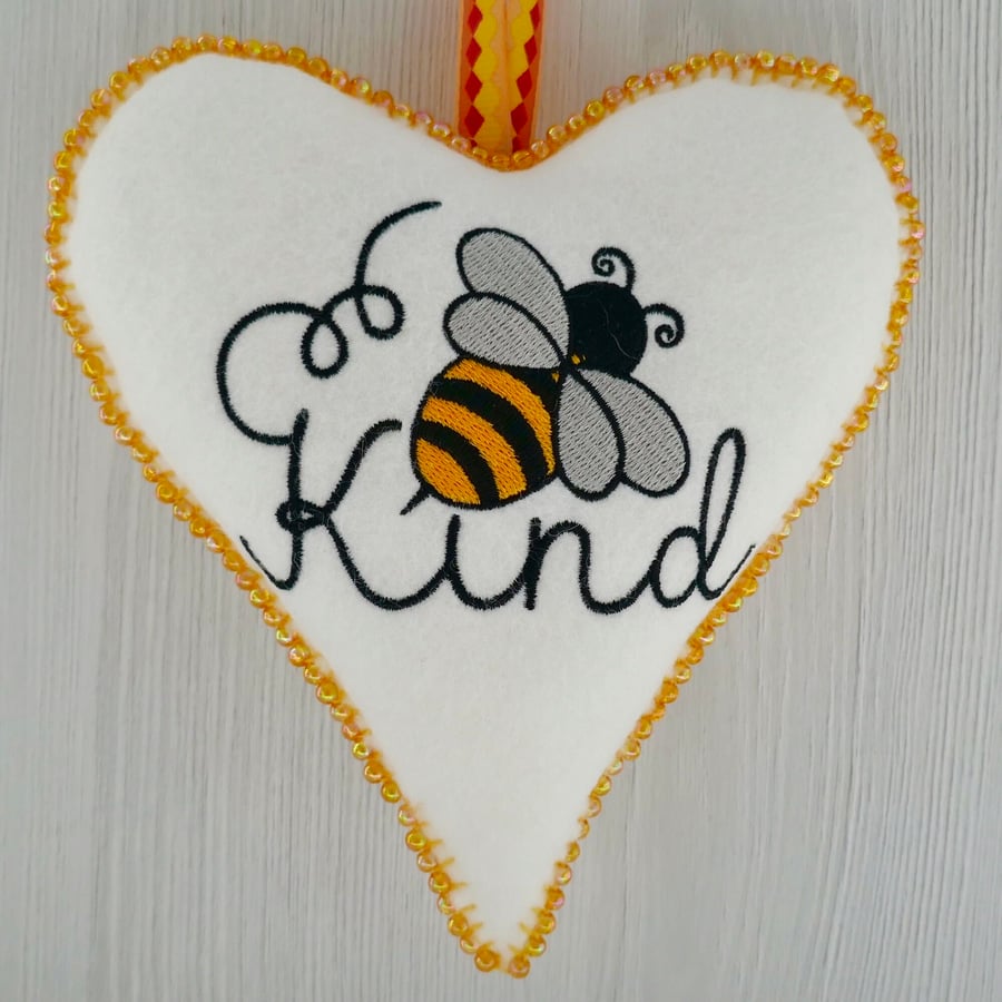 Beaded Felt Heart Decoration: Embroidered Bee Kind design 6.25” (16cm)