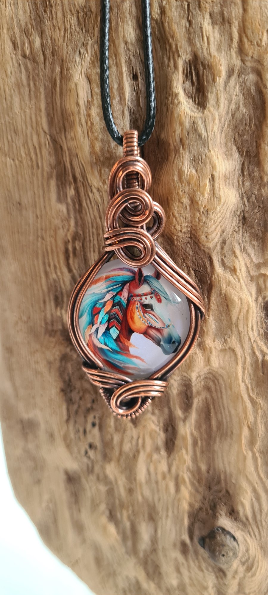 Native American Horse Glass & Copper Necklace Pendant Gift Jewellery Jewelry