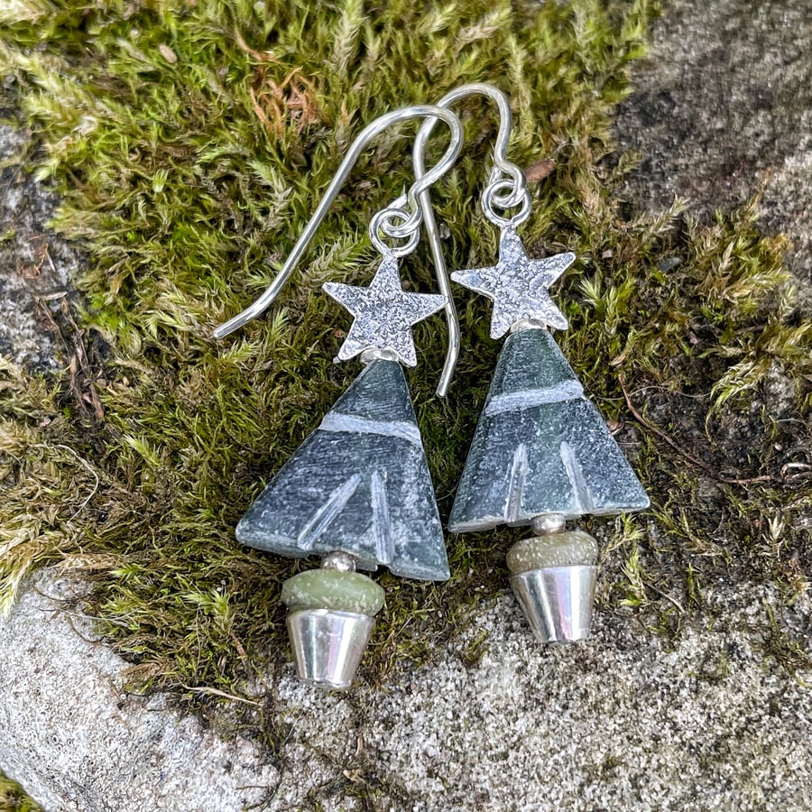 Silver and jade Christmas tree earrings