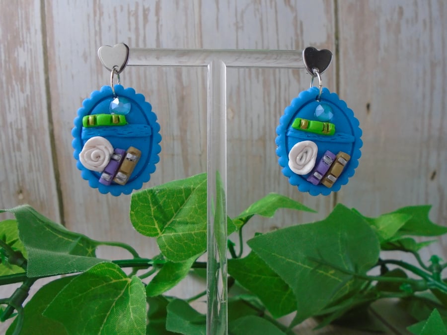 Polymer Clay Earrings - Bookcase Dangle Earrings Book Lover Earrings
